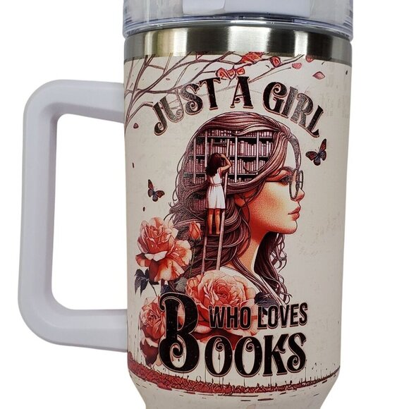 Just A Girl Who Loves Books Travel Tumbler 40 Oz Handle & Lid Book Worm Gift - Picture 2 of 4